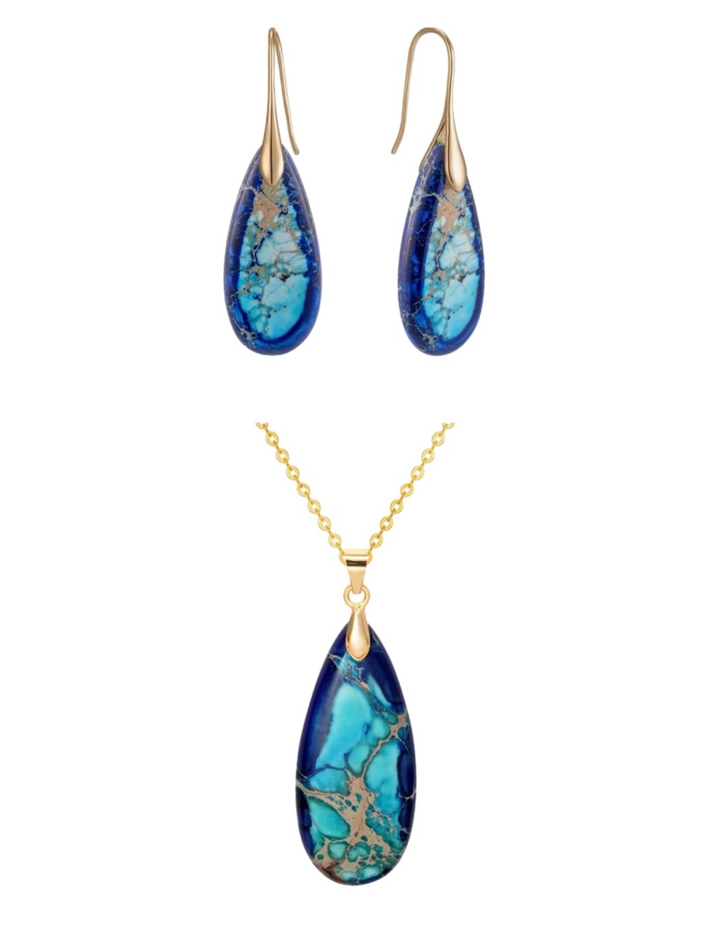 Gold-Tone Blue Turquoise Teardrop Necklace & Earrings Set